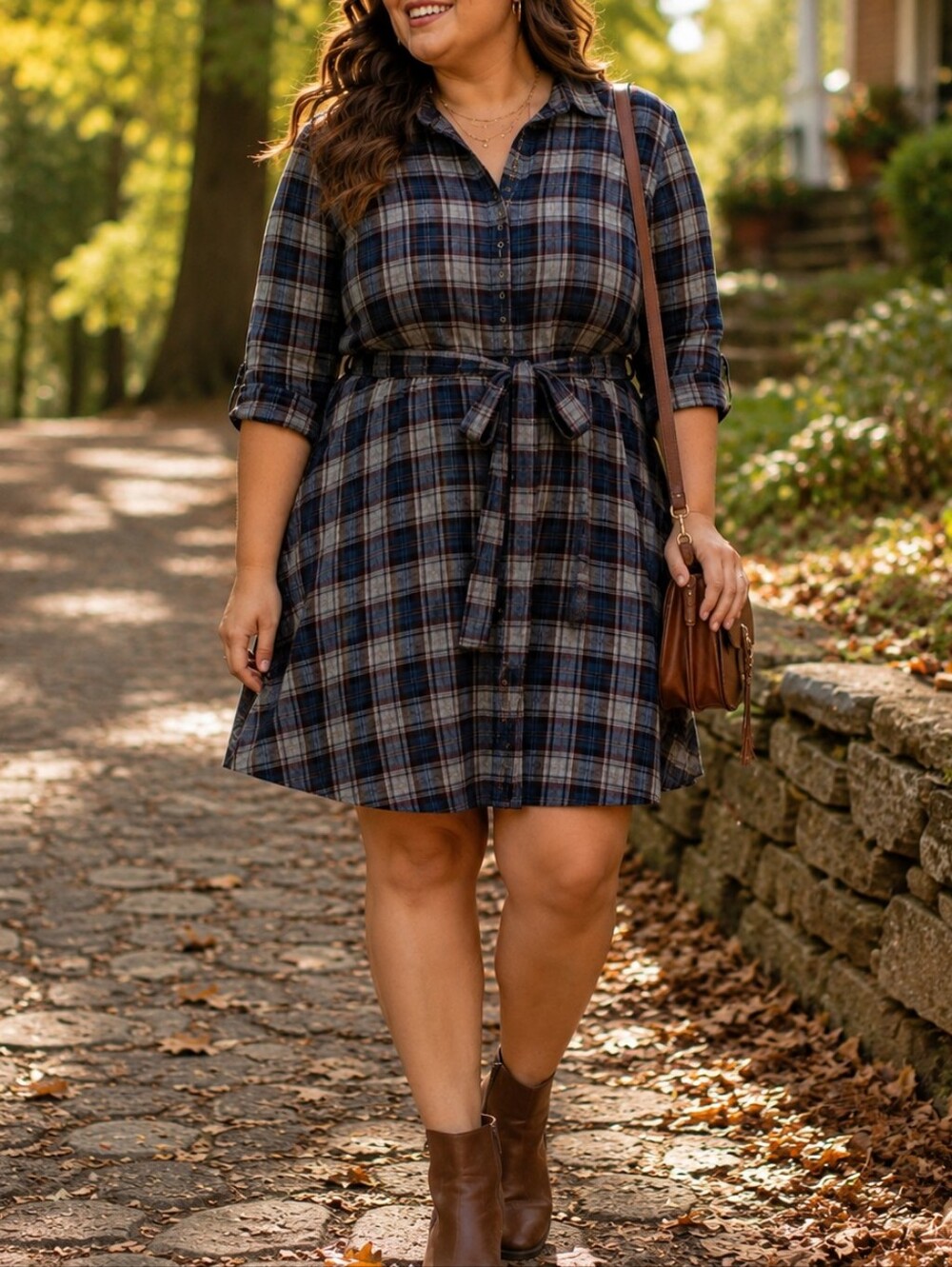 She + Sky 100% Cotton Navy Gray Plaid Belted Button Front Shirt Dress Casual